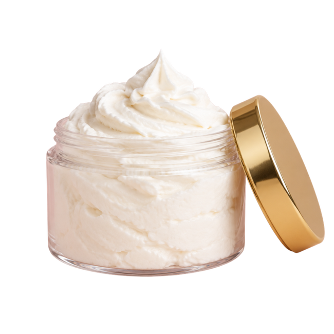 Custom whipped body butter in a 4 oz clear jar with gold lid